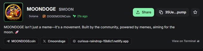 A dark-themed crypto profile page for MOONDOGE ($MOON) on the Solana network shows it was posted 21s ago by DOGEMOONCoin, featuring a Shiba Inu logo and social/website links including MOONDOGEcoin, Cmoondoge, and curious-raindrop-15b6ct.netlify.app.