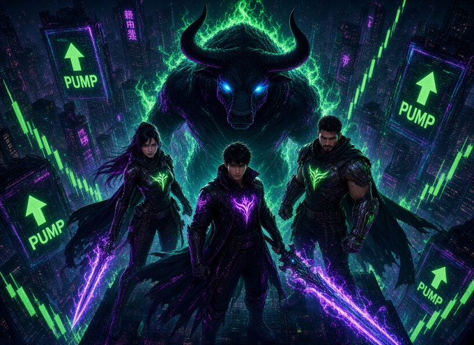 A fantasy-style digital illustration featuring three warrior figures with glowing weapons standing before a large shadowy beast, surrounded by 'PUMP' signs and green upward arrows.