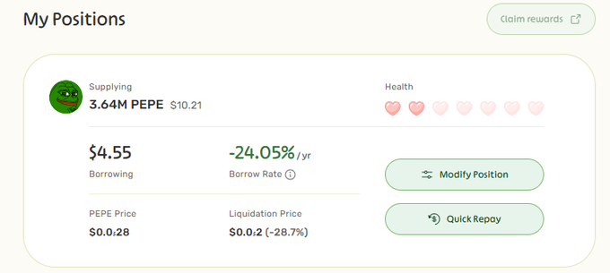 A 'My Positions' interface showing a supplying position of 3.64M PEPE ($10.21) with a borrowing amount of $4.55 at a -24.05% borrow rate, with PEPE price at $0.0028 and liquidation price at $0.002 (▽28.7%).
