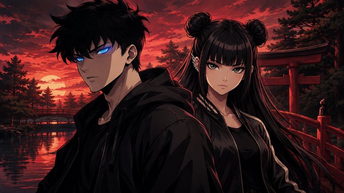 An anime-style illustration of two characters—a glowing-eyed young man and a dark-haired girl with twin buns—standing back-to-back against a dramatic red sunset with a Japanese torii gate in the background.