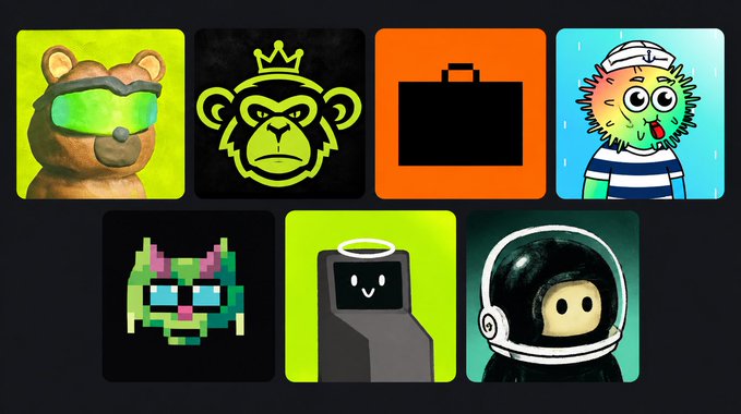 A collection of eight stylized digital character icons or NFT-style avatars, including a bear with green visor, a crowned monkey, a pixelated cat, a hooded figure with a halo, and an astronaut.