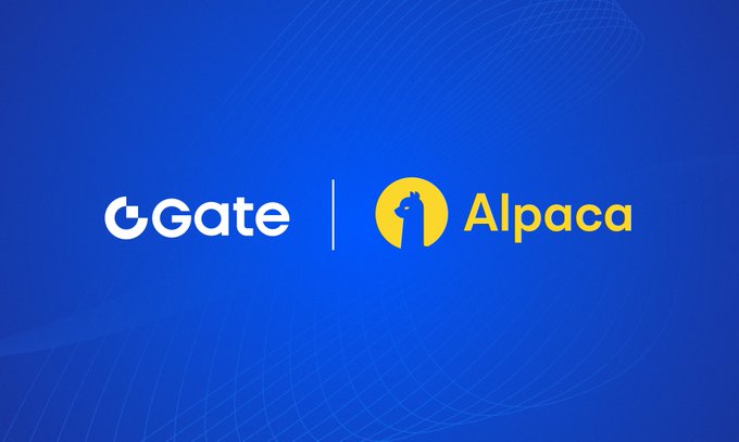 The image displays the logos of "Gate" and "Alpaca" on a blue gradient background, visually representing the partnership between the two companies mentioned in the post about integrating brokerage infrastructure for US stocks, IPOs, and tokenized stocks (gStocks).