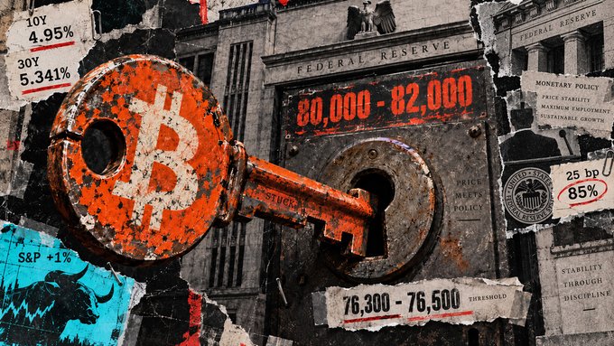 A collage-style image featuring a Bitcoin key overlaid on the Federal Reserve building, with text including '80,000 - 82,000', '76,300 - 76,500 THRESHOLD', '25 bp 85%', and references to monetary policy and price stability.