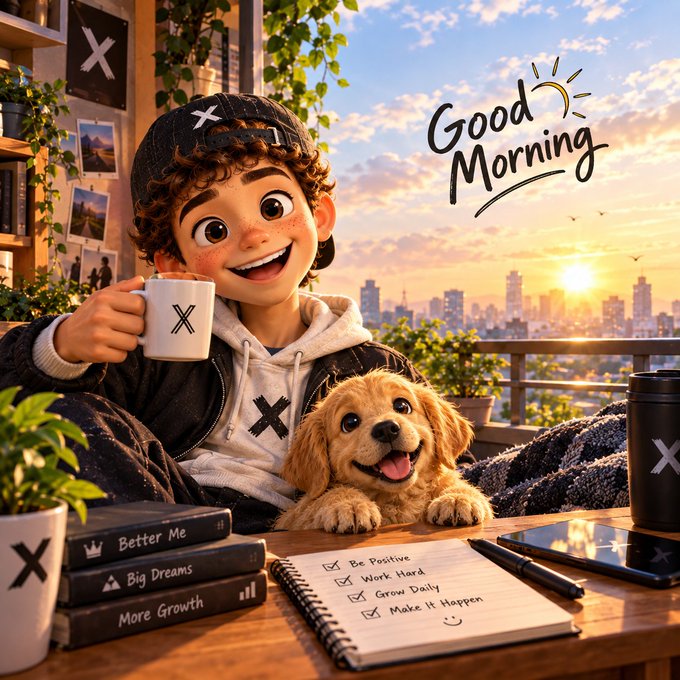 An animated illustration shows a cheerful curly-haired boy in a black cap holding a mug next to a happy golden puppy, with a city skyline at sunset behind them, the text 'Good Morning', and a checklist notebook reading 'Be Positive', 'Work Hard', 'Grow Daily', 'Make it Happen'.