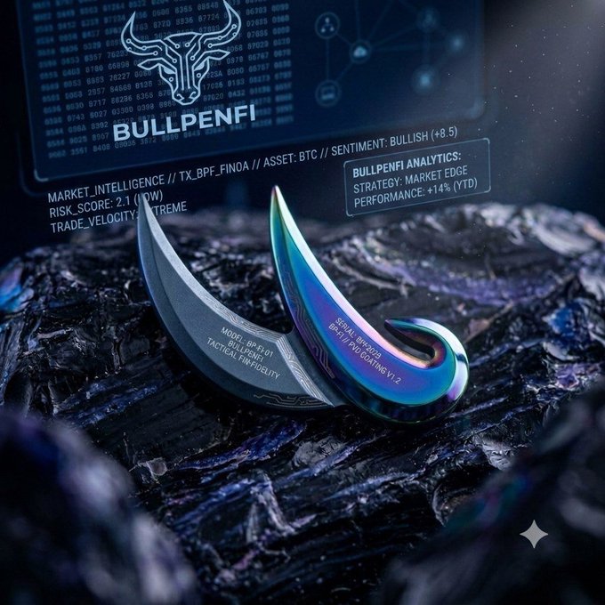 A futuristic 3D rendering of a metallic bull head logo labeled 'BULLPENFI' alongside market intelligence data including 'SENTIMENT: BULLISH (+8.5)' and 'PERFORMANCE: +14% (YTD)' for the BTC asset.