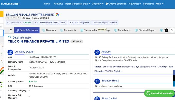 The image shows a PlanetExim.net page displaying corporate information for "TELCOIN FINANCE PRIVATE LIMITED," a company incorporated on 18 August 2026 in Karnataka, India, with CIN U64990KA2026PTC226260 and classified under the activity "FINANCIAL SERVICE ACTIVITIES, EXCEPT INSURANCE AND PENSION FUNDING."

The page confirms the post's claim that this is a newly formed Indian entity explicitly classified under financial service activities excluding insurance and pensions, fitting the described pattern of a second affiliate in this sector and illustrating the "obvious trend" of successive overseas-linked companies being incorporated in India.