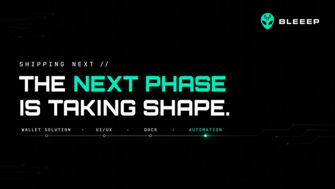 Promotional graphic with the BLEEEP logo featuring the text 'SHIPPING NEXT // THE NEXT PHASE IS TAKING SHAPE' with a progress bar highlighting 'AUTOMATION' over 'WALLET SOLUTION', 'UI/UX', and 'DOCS'.