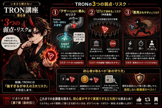 The image is an infographic from the "TRON講座 第6弾" (TRON Workshop, Installment 6) detailing the three major weaknesses and risks of TRON cryptocurrency: 1) the risk of tether (USDT) dependency where USDT is transferred through the network, 2) the centralization risk from 27 super representatives that can freeze accounts with a 17-person majority, and 3) the risk of malicious use due to TRON's cheap, fast, and untraceable features. The accompanying post directly introduces this slide, which warns beginners to research thoroughly before investing in TRON.