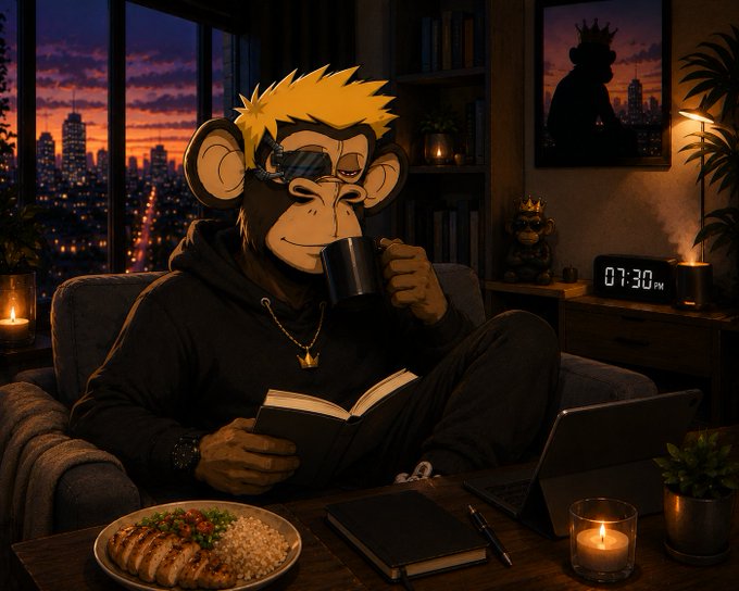 An illustrated Bored Ape-style NFT character wearing sunglasses and a hoodie sits in a cozy apartment at 07:30 PM, reading a book and drinking from a mug while a meal of chicken and rice sits on the table.