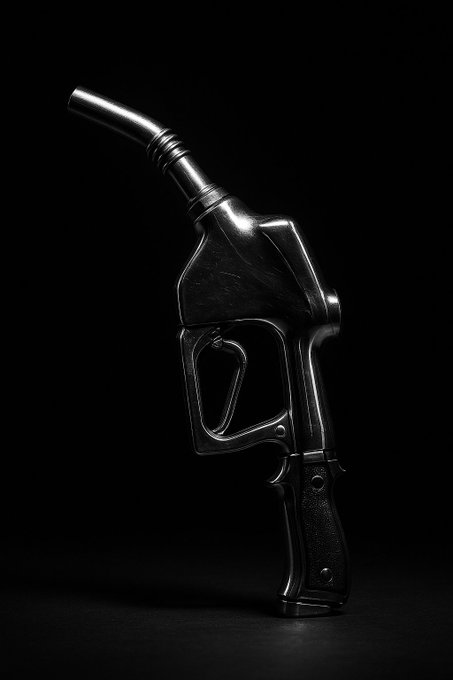 A black and white photograph of a black fuel pump nozzle standing upright against a dark background.
