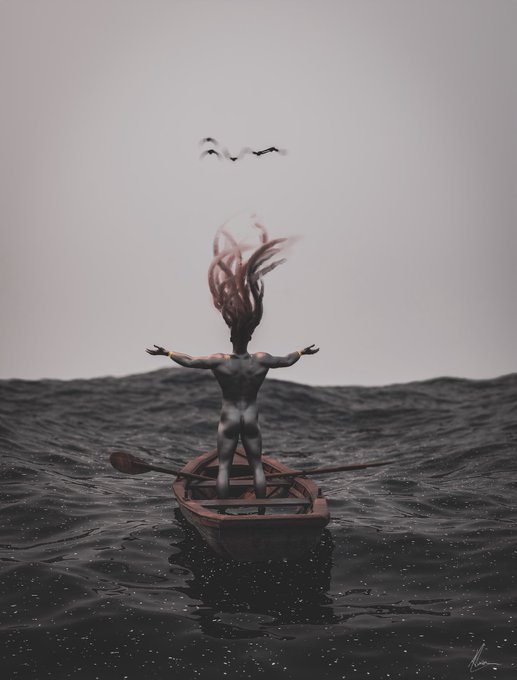 A figure with flowing, smoke-like hair stands in a small wooden boat on a dark, choppy sea, arms outstretched in a gesture of freedom as three birds fly overhead against a grey sky.
