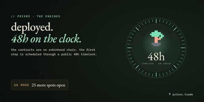 A dark-themed website banner for 'priors.trade' announces 'deployed. 48h on the clock,' stating contracts are on the Robinhood chain with a public 48h timelock and a pixel-art tree logo.