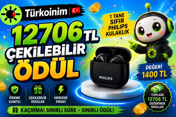 A colorful Turkish-language promotional graphic for 'Türkoini' advertising '12706 TL ÇEKİLEBİLİR ÖDÜL' (withdrawable reward), featuring a Philips wireless earbud valued at '1400 TL' alongside a green alien mascot.