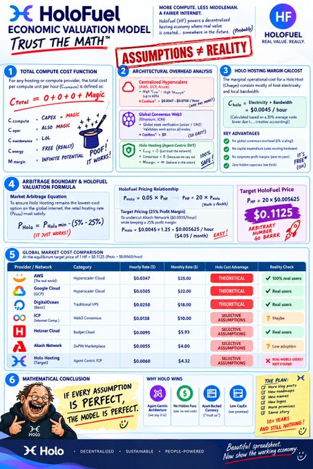 Infographic titled "HoloFuel Economic Valuation Model - Trust the Math" by Holo (HoloFuel), comparing decentralized hosting costs to major internet providers like AWS and DigitalOcean, with claims of "ASSUMPTIONS ≠ REALITY" and target HoloFuel pricing of $0.1125.