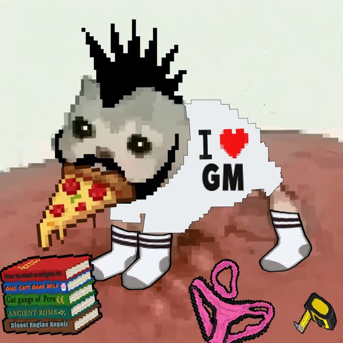 The image shows a pixelated cat with spiky hair eating pizza, wearing a sign that reads "I ♥ GM," and standing near a stack of books labeled with titles like "How to Hack a video gam," "CALL CATT GAME WII," "Cat gangs of Peru," "ANCIENT ROME," and "Diesel Engine Repair," along with a pink headset and a yellow object on the floor. The crude, low-quality pixel art humorously depicts a stereotypical "game master" as a scruffy, nerdy cat, matching the post's joke about a "very low quality GM."