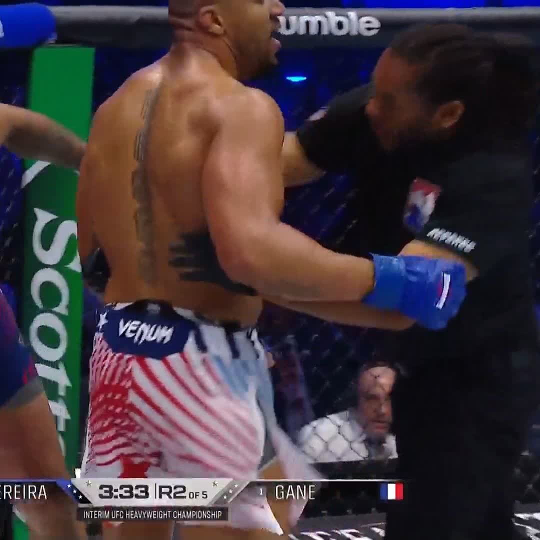 The image shows a man wearing red, white, and blue shorts fighting another man inside of an arena during a fight. The fighter with the shorts has won the bout against his opponent. The referee's name tag indicates that he is from France. The fighter who lost the match is described as a "world champion" in the post.