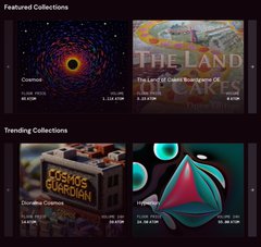 A dark-themed digital marketplace interface displaying 'Featured Collections' (Cosmos and 'THE LAND') and 'Trending Collections' (Cosmos Guardians and a geometric design).