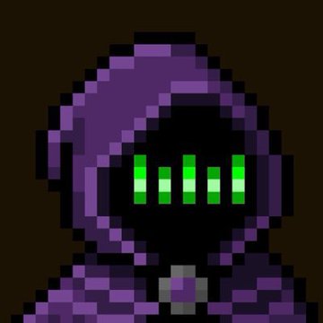 A pixel art image of a purple-hooded figure with a black face displaying four bright green vertical bars resembling an equalizer or digital eye.