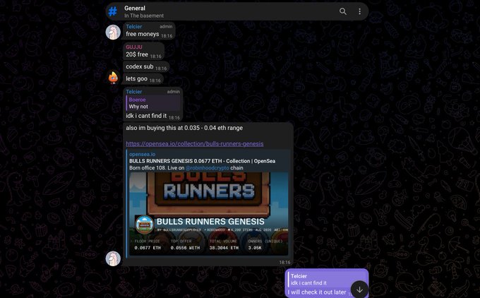 A Telegram chat screenshot from the "General" channel in "The Basement" where a user named Talcier shares a link to the Bulls Runners Genesis OpenSea collection, prompting another user to check it later.