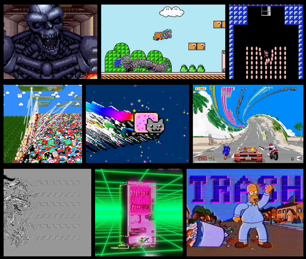 The image consists of various pictures showing different scenes, including a man holding onto a trash can with a large trash bag inside, a cartoon character, and images related to a gaming console or video game. The collection includes several examples of cats, and there's even an illustration featuring the iconic character Homer Simpson from "The Simpsons."