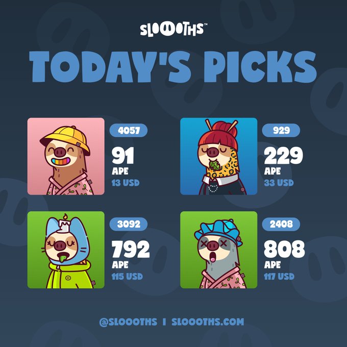A promotional graphic from SLOOTHS titled "TODAY'S PICKS" featuring four cartoon pig characters wearing different hats, listed with their APE token prices and USD values.