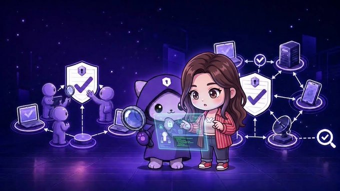 A stylized digital illustration featuring a chibi-style girl in a red blazer alongside a hooded purple cat character examining a holographic interface, set within a network of security shields, computers, and checkmarks in a purple cyber-space environment.