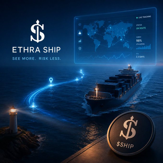 A promotional graphic for 'ETHRA SHIP' features a cargo ship at sea, a live tracking dashboard showing 98% cargo utilization, and a $SHIP coin.