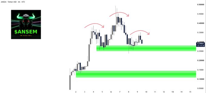The image is a candlestick price chart for ANSEM/USDT on a 4-hour timeframe, showing a textbook Head & Shoulders pattern with red arrows marking the three peaks and green horizontal bands highlighting key support levels around $0.10 and $0.25, with price currently testing the $0.25 neckline.

It visually supports the post's warning that despite the $ANSEM hype, the chart shows the token sitting at a critical Head & Shoulders neckline where buyers must defend to prevent a breakdown.
