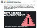 A social media post announcing "DATA BREACH ANNOUNCEMENT" with a privacy policy update notice from what appears to be a stock or crypto platform, accompanied by a thumbs-down reaction emoji. The post notes that over 20.07 million $BTC have been mined, reaching 95.6% of Bitcoin's 21 million maximum supply.
