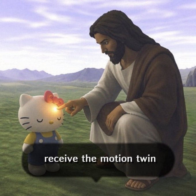 A 3D rendered image shows Jesus touching the forehead of a Hello Kitty figurine in a grassy field, with a caption reading 'receive the motion twin'.