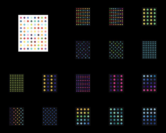 A collection of various LED dot matrix designs displayed on black backgrounds, including lettered letter 'R' designs and various colored emoji pattern templates.