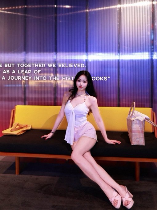 A young woman sitting on a yellow bench wearing a white halter top and light pink shorts, with text on the wall behind her reading 'E BUT TOGETHER WE BELIEVED,' 'AS A LEAP OF,' and 'A JOURNEY INTO THE HIST...BOOKS.'