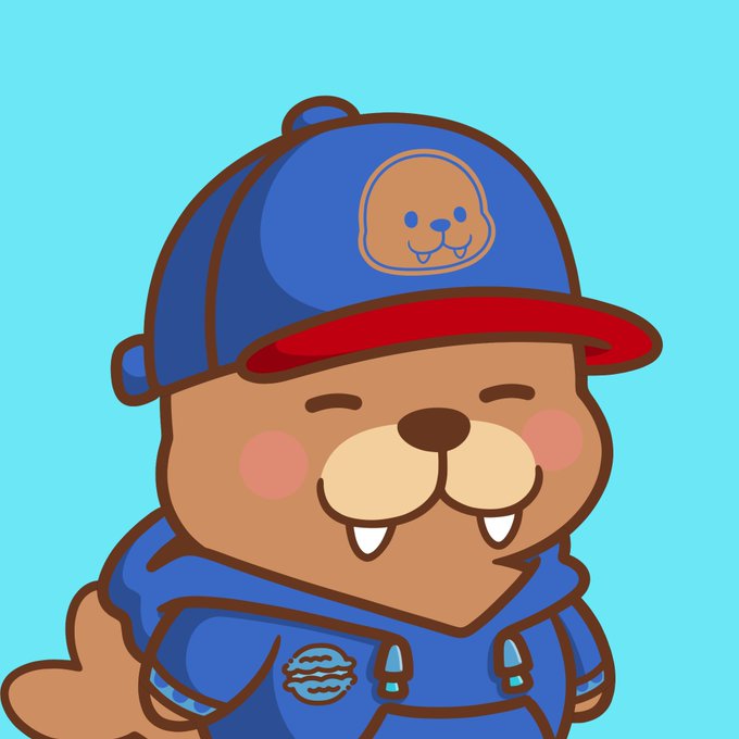 A cartoon illustration of a brown beaver mascot wearing a blue baseball cap with a smiling face logo and a matching blue hoodie against a light blue background.