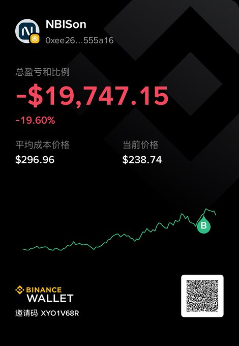The image is a Binance Wallet screenshot showing a portfolio loss of -$19,747.15 (-19.60%) on NBISon holdings, with an average cost of $296.96 versus a current price of $238.74. It humorously illustrates the post's claim about losing a large amount on $NBIS, displaying the painful unrealized loss for the poster to "be saved" from.