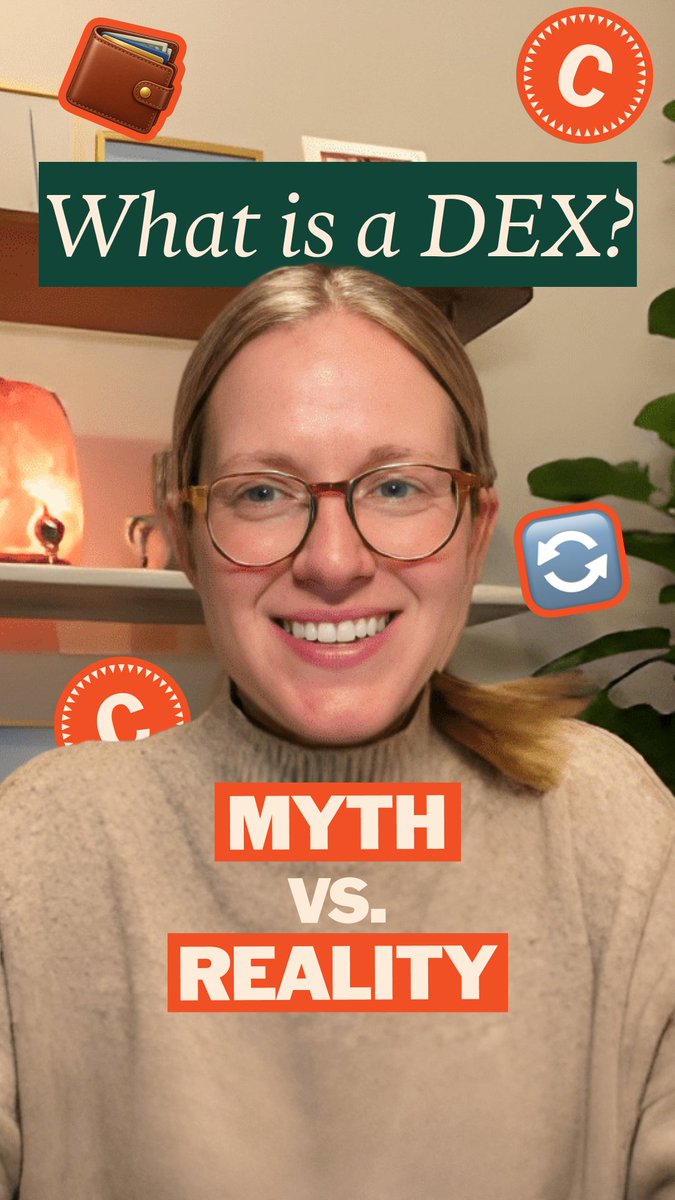 A smiling woman with glasses and a beige sweater appears in what looks like a short-form video, with the title "What is a DEX?" and the text "MYTH VS. REALITY" overlaid. Surrounding graphics include wallet, "C," and refresh/swap icons that reinforce the post's theme of decentralized exchanges, wallet connectivity, and peer-to-peer trading.