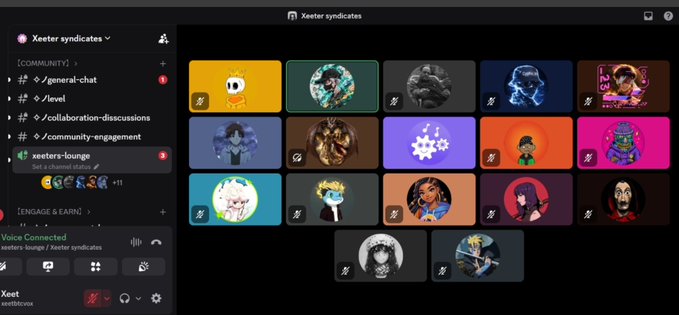 A Discord server called "Xeeter syndicates" with voice chat "family lounge" connected, showing multiple active members with animated avatars and profile pictures. The image relates to the post as it shows the family voice chat session where the user is spending time with their Xeeter community.