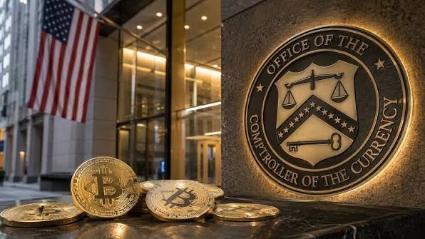 Several gold Bitcoin coins are arranged in front of the official seal of the 'Office of the Comptroller of the Currency,' with an American flag visible in the background.