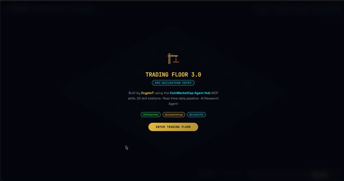 The image shows a screenshot of a website called "Trading Floor 3.8" with a white background, black text, and an icon. The main content appears to be about entering into a trading floor contest or participating in a competition for CMC Agent Hub skills. The post suggests that the creator has crafted a content-related task specifically designed for the Trading Floor 3.8 competition.
