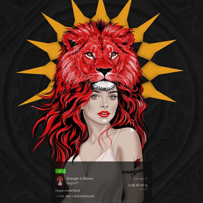 A digital artwork featuring a woman with flowing red hair wearing a red lion headdress against a black and gold sunburst background, listed on an NFT marketplace as 'Strength in Bloom' by NegART (Negarnaderifard) priced at 26.00 t.