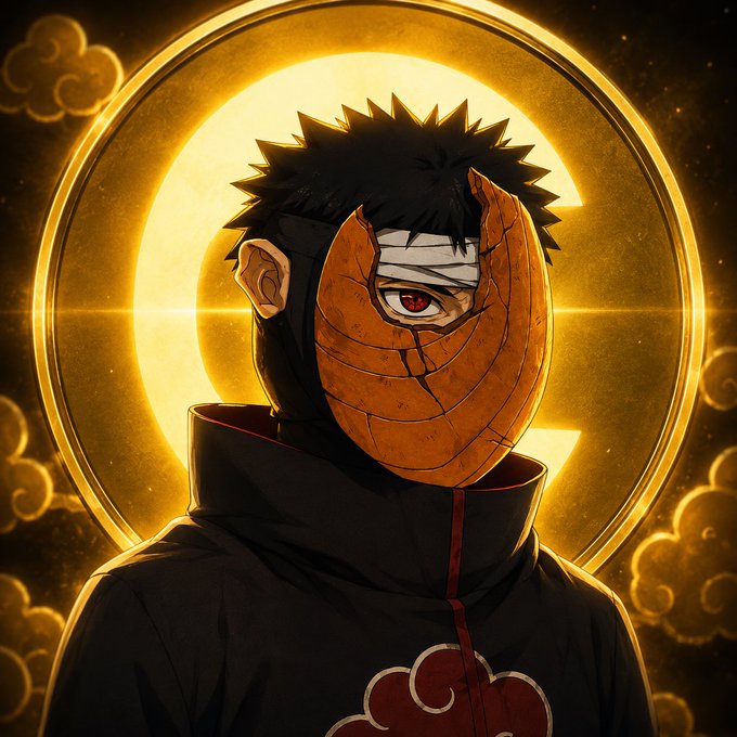 An anime character with spiky black hair, a fractured orange mask, and a Sharingan eye, wearing a black Akatsuki cloak with red clouds, stands against a glowing golden circular emblem. The "GM fam" (Good Morning fam) post pairs with the image's dramatic, morning-greeting energy, echoing the fierce determination of Obito Uchiha to greet the day in style.