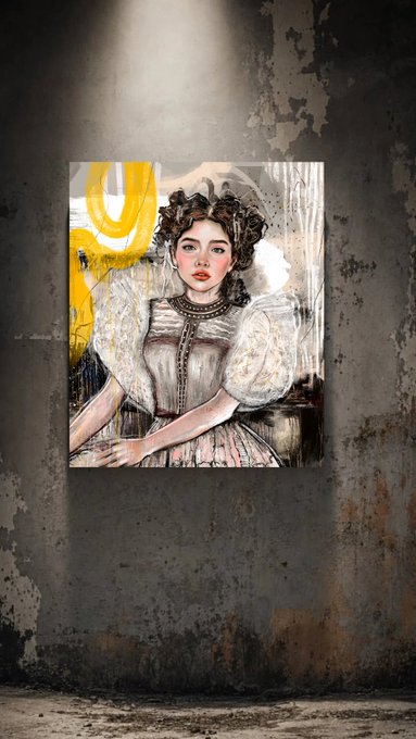 A portrait painting of a girl with curly hair wearing a vintage dress with puffy sleeves, displayed on a concrete wall illuminated by a spotlight.