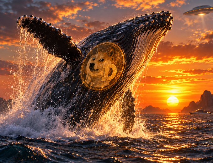 A massive whale emblazoned with the Dogecoin logo and "D" emblem breaches dramatically from the ocean at sunset, with a UFO hovering above—visually representing the $1.4 billion in Dogecoin whale activity hinted at in the post, suggesting a major price move is imminent.