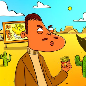 A cartoon image of a character with an orange face holding french fries in a desert setting, with a cartoon character on a billboard in the background.