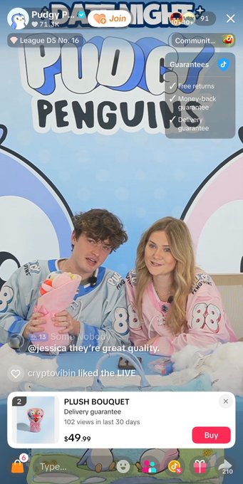 A TikTok LIVE screenshot from Pudge Penguin stream featuring two creators (Jess and Noisy) in matching blue and pink sports jerseys, selling a 'PLUSH BOUQUET' for $49.99 with delivery guarantee