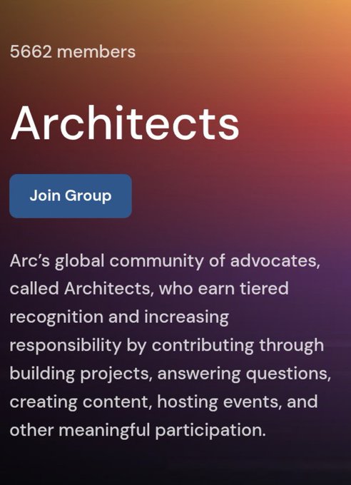 The image displays a community page for "Architects," a group with 5,662 members, featuring a "Join Group" button and describing it as Arc's global community of advocates who earn tiered recognition through contributions like building projects, answering questions, and hosting events—suggesting that the user "Just getting started" is likely referring to their initial steps in joining and engaging with this advocate community.
