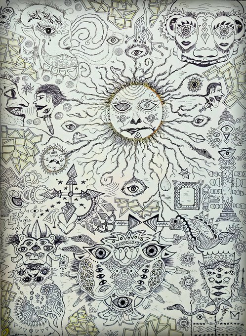 Intricate black ink doodle illustration densely packed with surreal symbols including a sun with a face, multiple eyes, abstract faces, a rocket, and various geometric and mystical patterns.