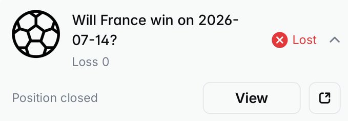 A Polymarket betting position is shown marked as "Lost" for the question "Will France win on 2026-07-14?" with "Loss 0" displayed, reflecting the user's first losing prediction on the platform.