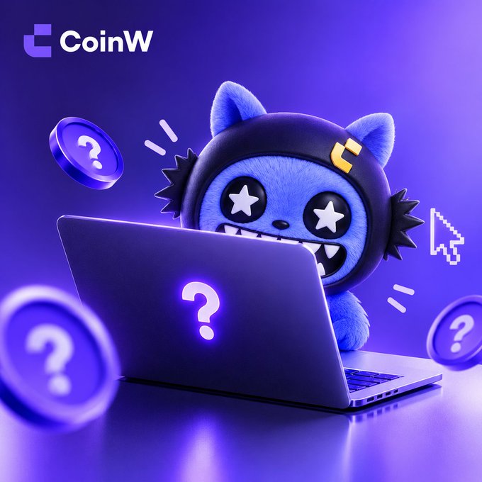 A promotional image for CoinW featuring a blue furry mascot with star eyes using a laptop displaying a question mark, surrounded by floating purple coin icons on a purple background.