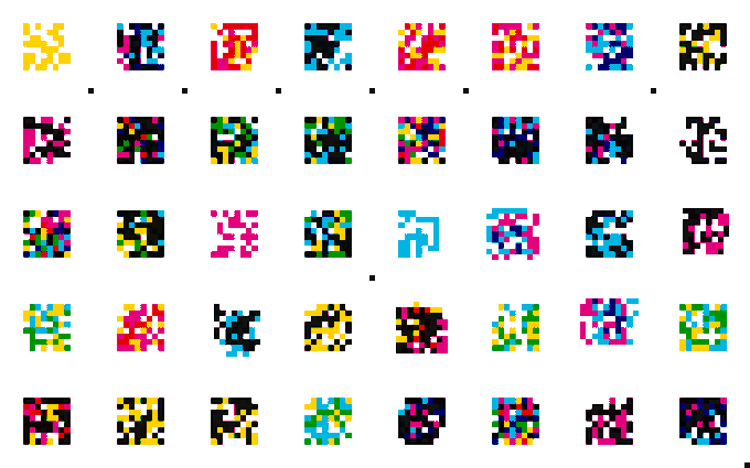 A grid of colorful CMYK pixelated QR-code-style icons arranged in rows on a white background.