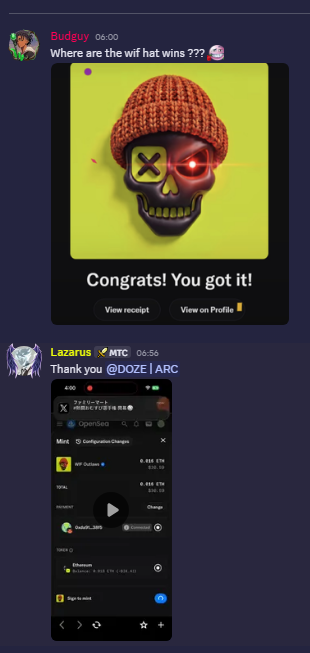 Discord screenshot showing user "BudGuy" sharing an image of a skull wearing a brown knit hat captioned "Congrats! You got it!" with a "View receipt" and "View on Profile" buttons, followed by "Lazarus ✪ MTC" thanking @DOZE | ARC for a win and displaying a transaction receipt showing 0.085 ETH received for "WIF hat item."